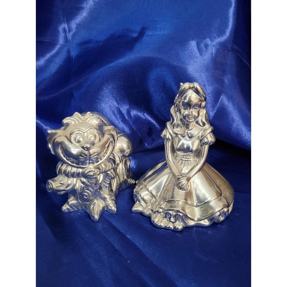 Disney Salt and Pepper Shakers Alice in Wonderland Cheshire Cat Silver Metal